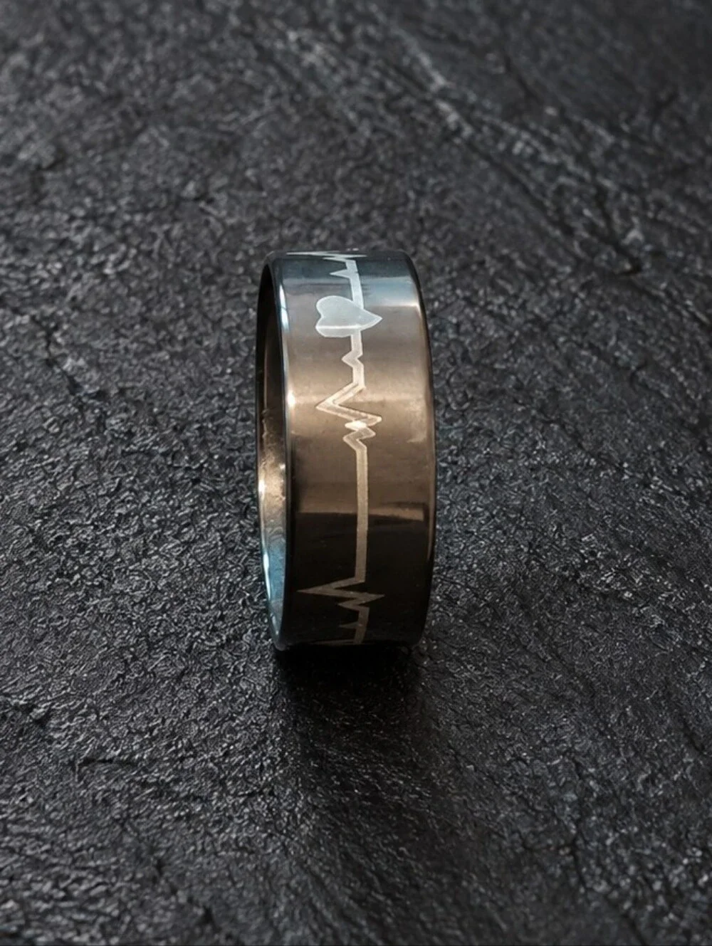 Black Stainless Steel Heartbeat Ring - Unbranded